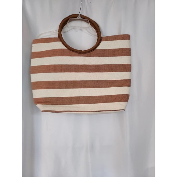 Neiman Marcus Light Brown Cream Striped Woven Tote - Picture 1 of 8